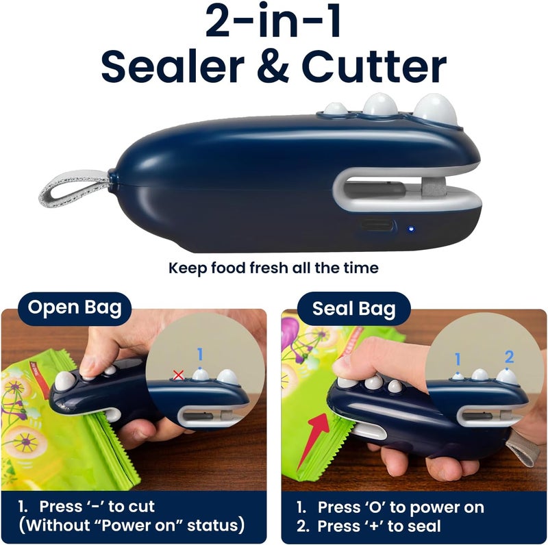 lipaux Mini Bag Sealer, 2 IN 1 Heat Sealer & Cutter, USB-C Rechargeable Portable Handheld Bag Sealer, Food Vacuum Storage Sealer for Chip Bags(Blue) - Image 2